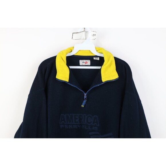 Vintage 90s Perry Ellis Mens Large Spell Out Flag 1/4 Half Zip Fleece Sweater - Picture 2 of 14